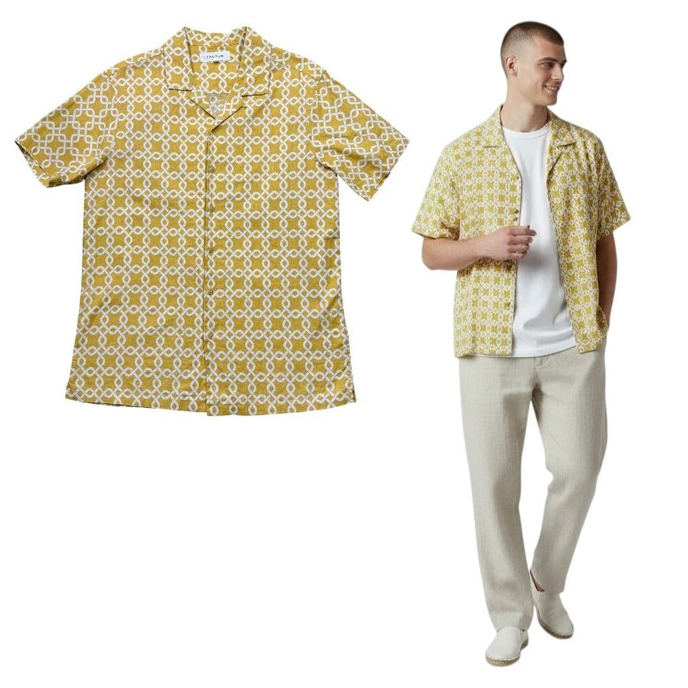 PacSun Gold Link Camp Shirt Linen Blend‎ Y2K 90s Geo Retro Coastal Yellow Mens M